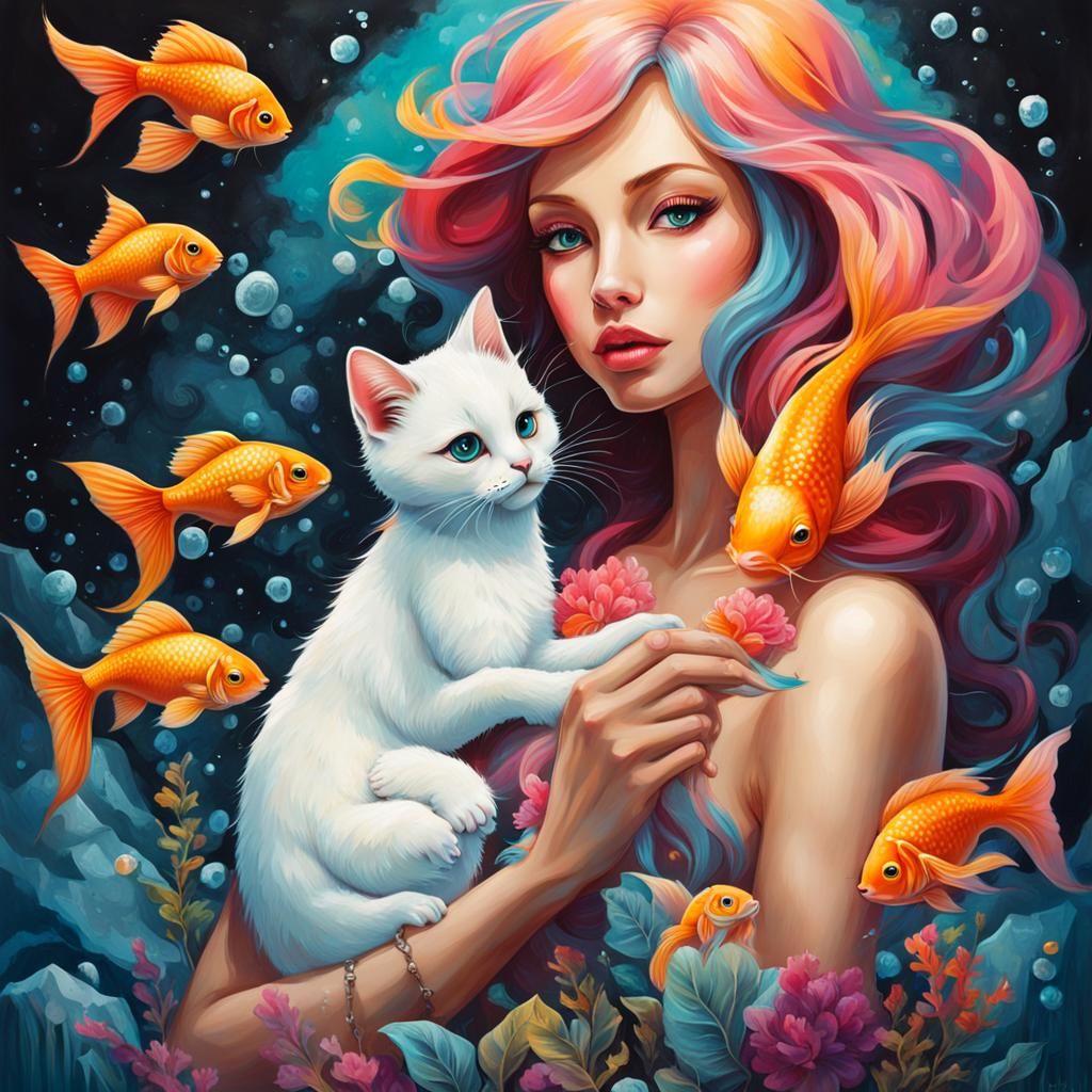 Mermaid Holding Kitten and Goldfish in Graffiti Art