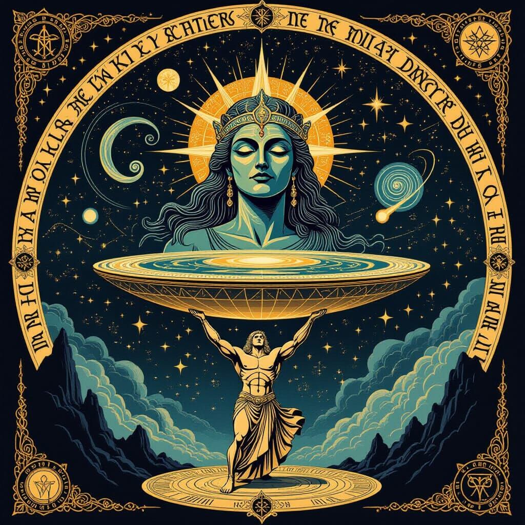 Atlas Holds Flat Earth Under Cosmic Sky