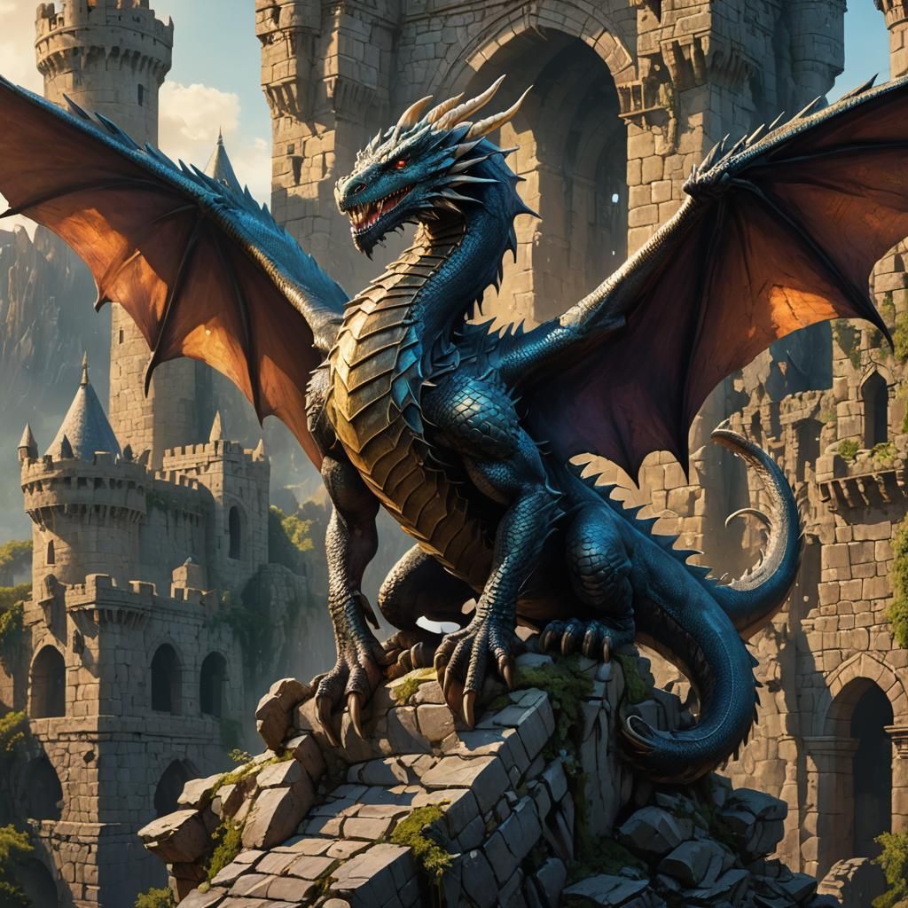 Majestic Dragon Perched Atop Ruined Castle