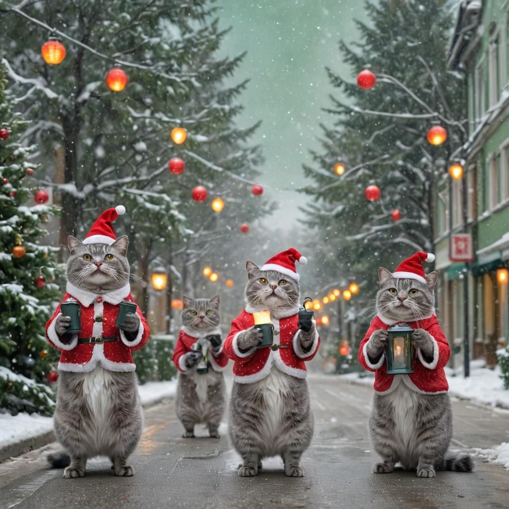 Cats Singing Christmas Carols in Festive Clothes