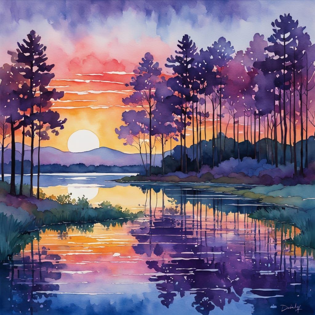Serene Lake Sunset Reflection in Watercolor Style
