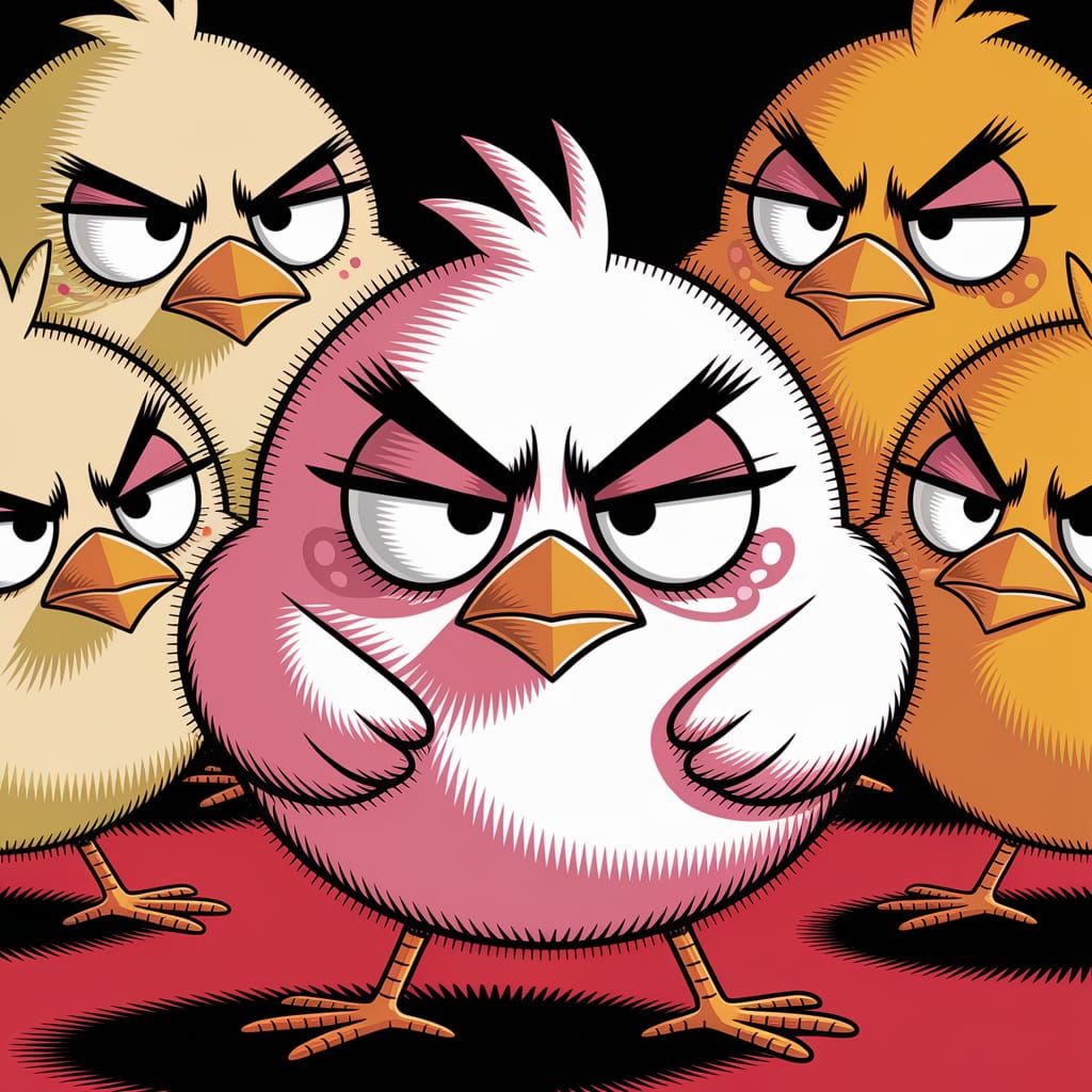 Grumpy Chick Sulking in Claude Ponti Style Illustration