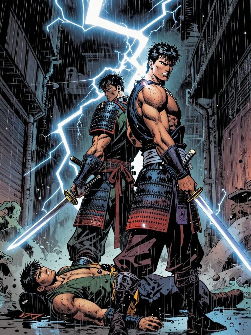 Samurai Warrior in Lightning Strike Comic Art