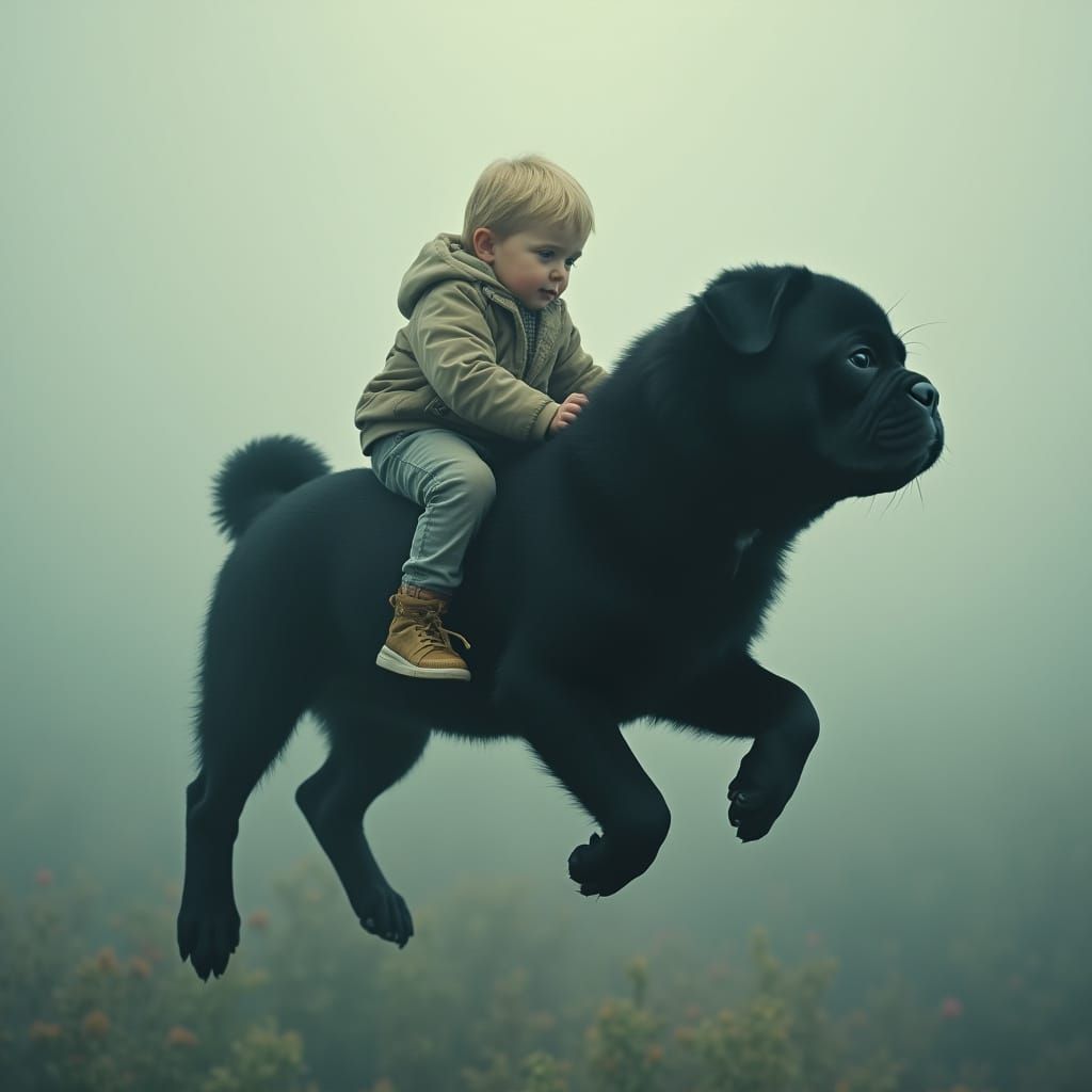 Ethereal Boy Soars on a Majestic Flying Pug