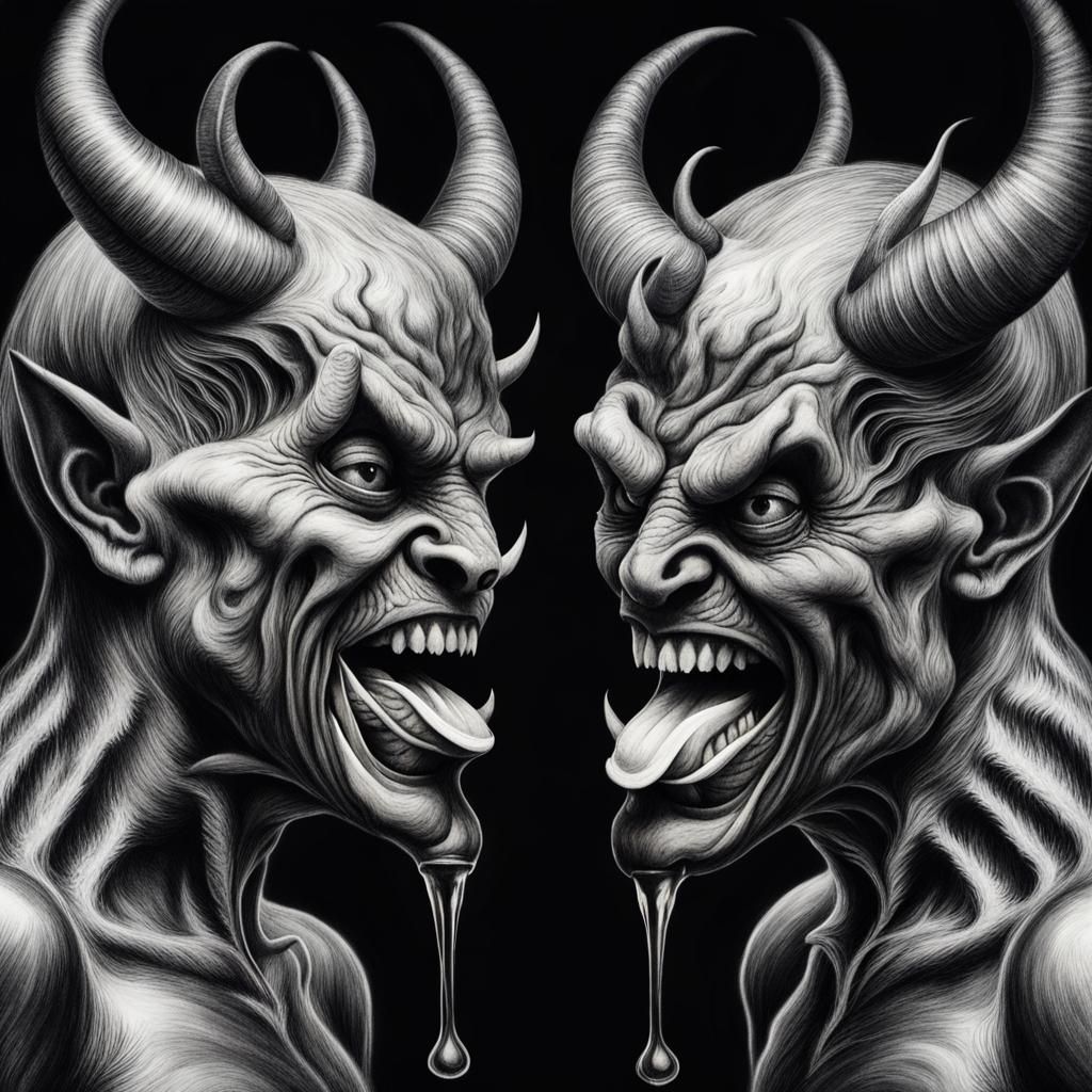 Devils Licking Honey: Hyperdetailed Charcoal Drawing