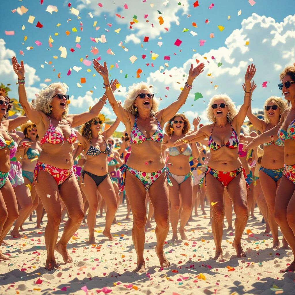 Elderly Women Celebrate Joyfully on Beach Festival