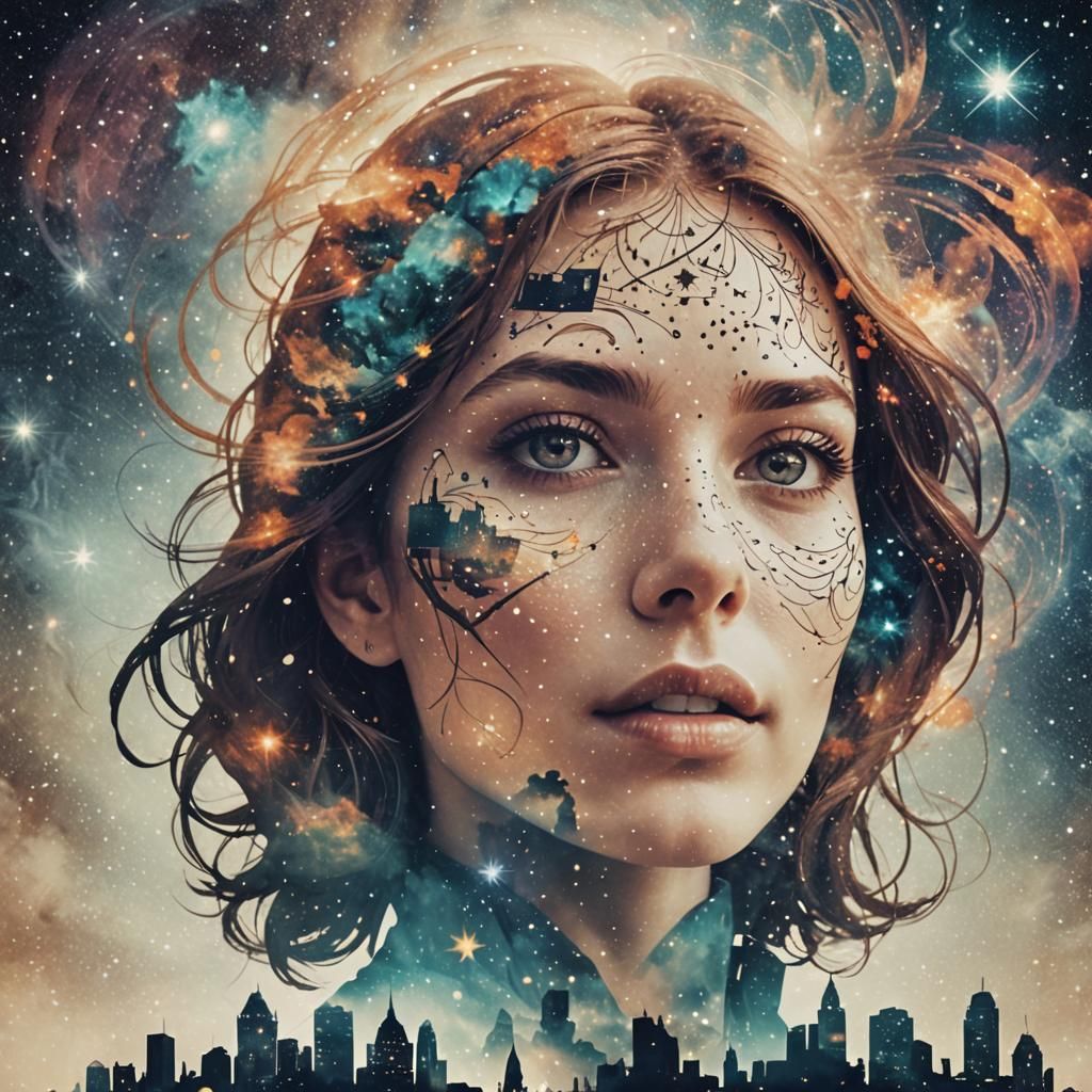 Silhouette with Cityscape and Cosmic Starscape