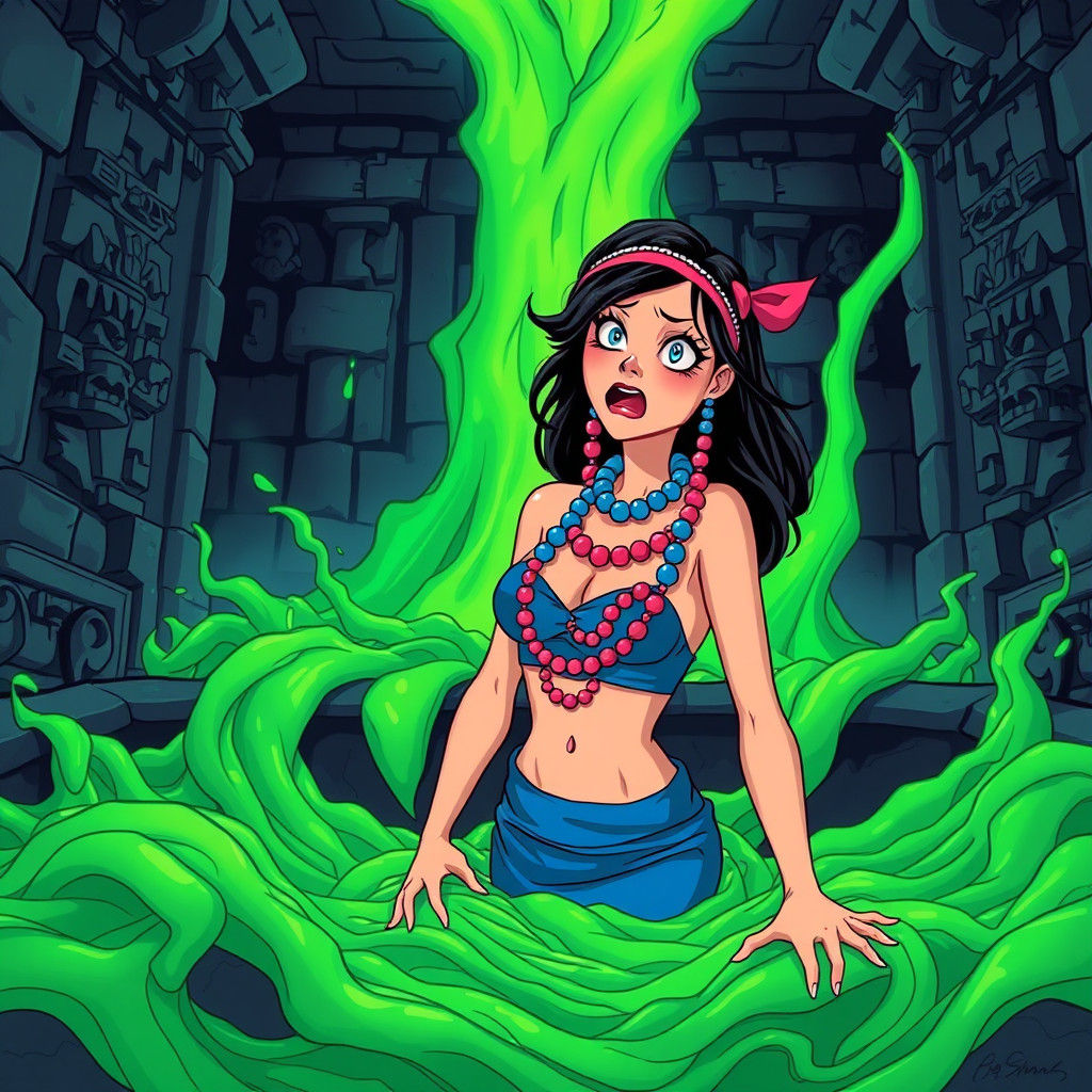 Heroine Engulfed in Emerald Slime in Aztec Temple