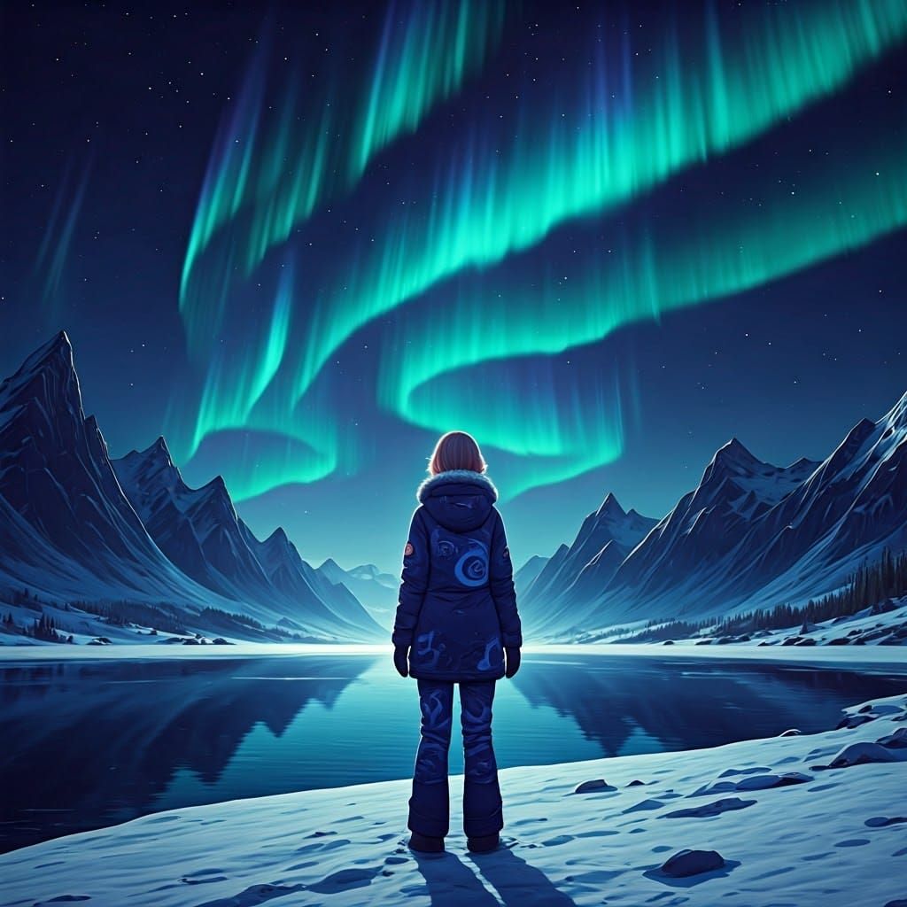 Northern Lights Over Frozen Lake: Anime-Inspired 3D Art