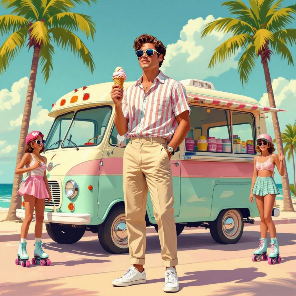 Retro Beach Scene with Ice Cream Truck in 1950s Style