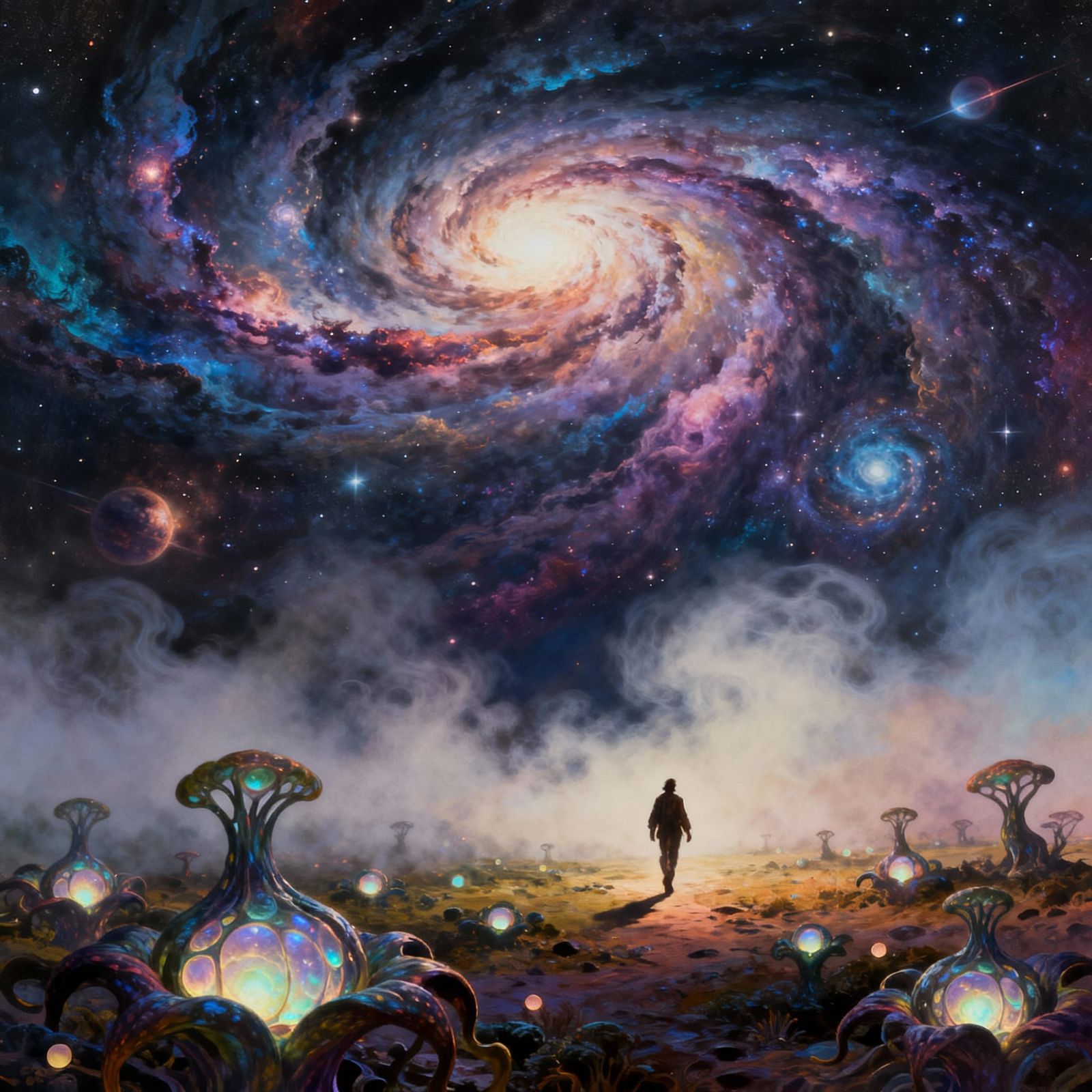 Surreal Cosmic Landscape with Lone Figure and Alien Flora