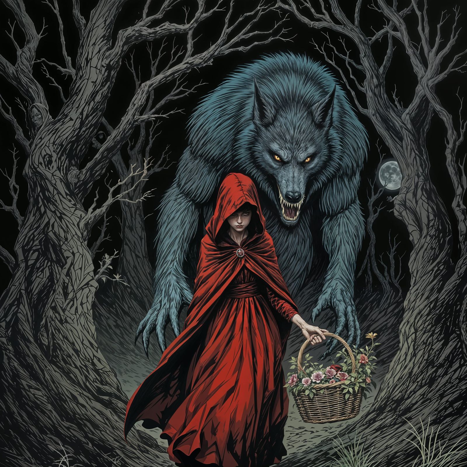 Girl in Dark Forest Confronts Sinister Werewolf