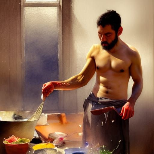 Peruvian Man Cooking: Hyperrealistic Gouache and Watercolour