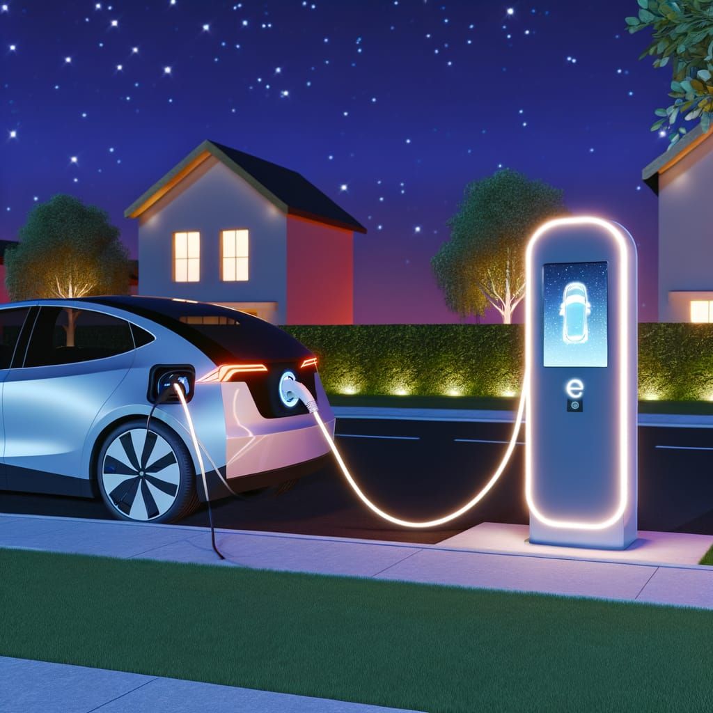 Futuristic Electric Car Charging on Suburban Street