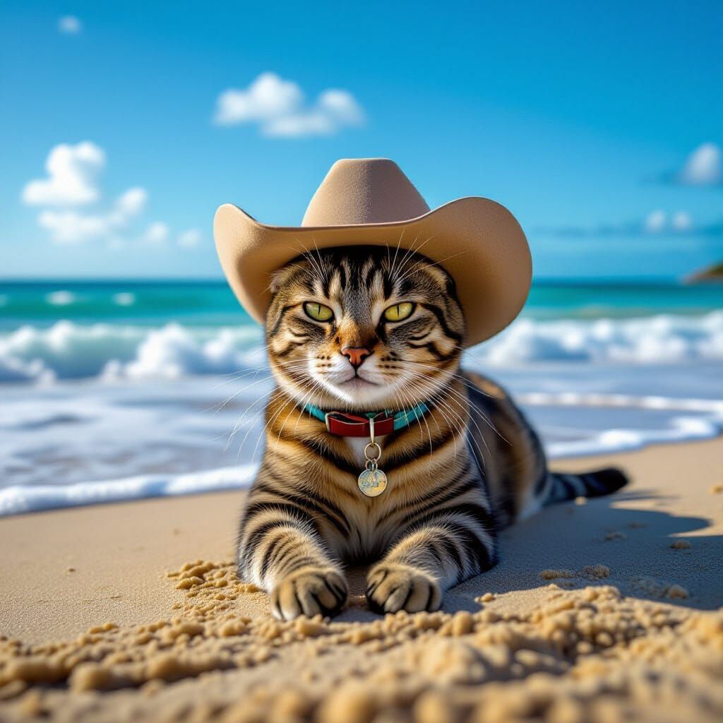 Cowboy Cat on Beach in Cinematic Style