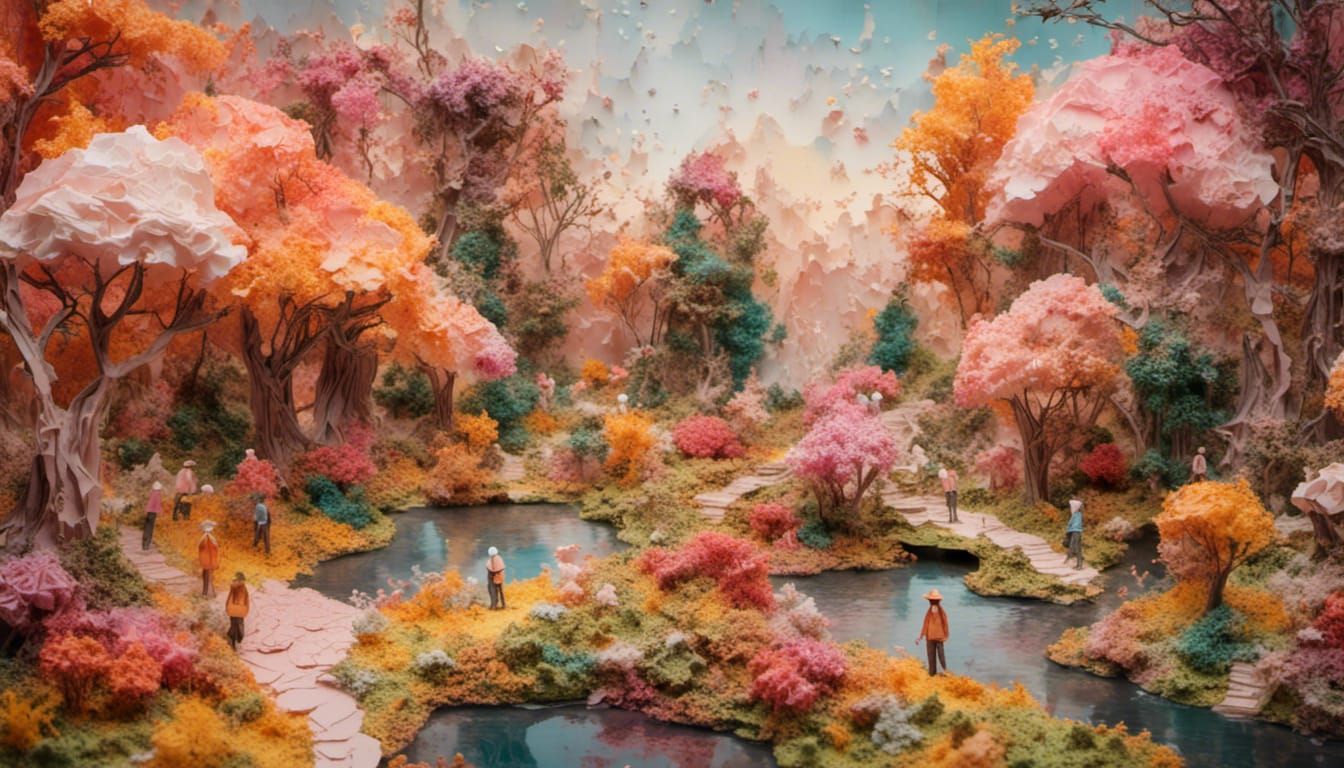 Sunset Park Scene with Fountain as Impressionist Oil