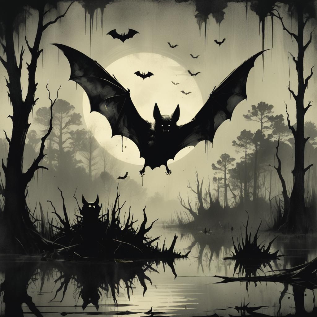 Bat Screaming in Haunted Swamp Illustration
