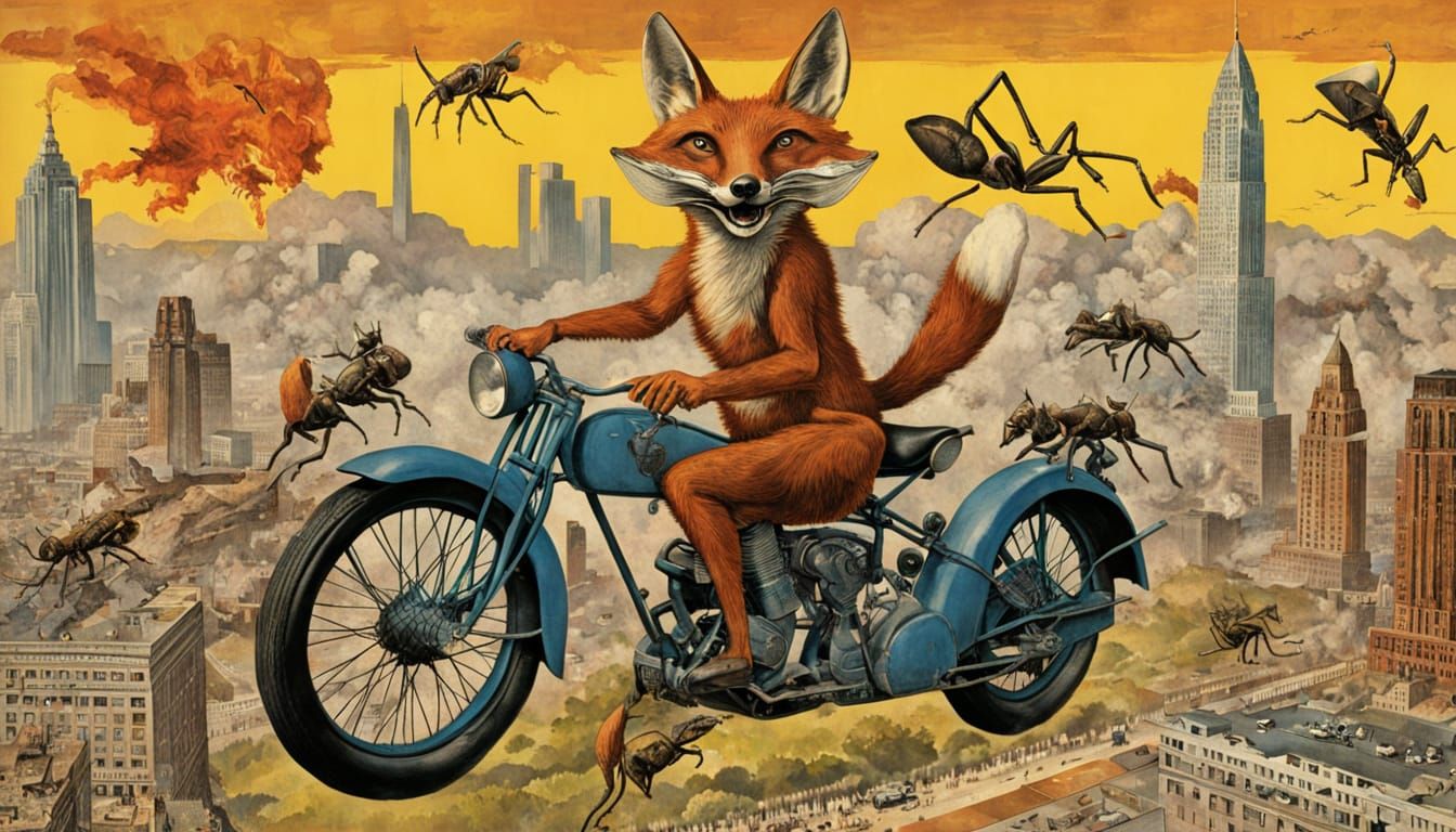 Anthropomorphic Fox Rides Motorcycle Through Burning Manches...