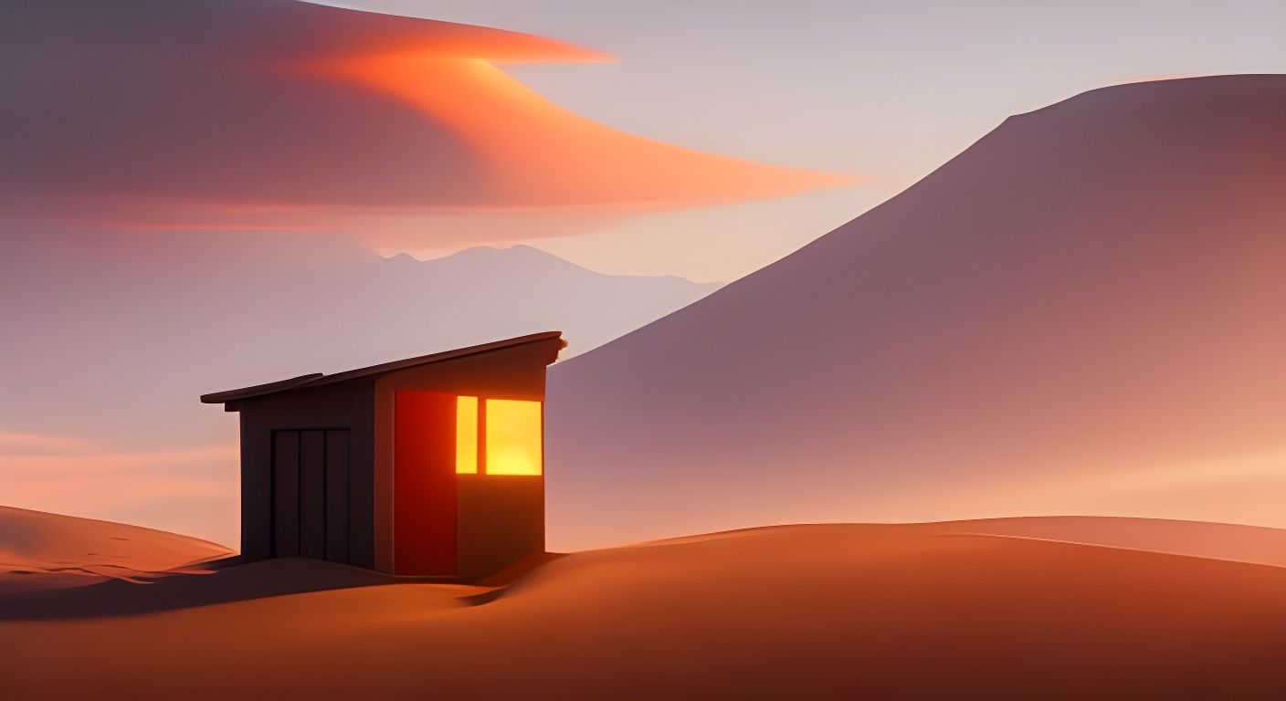 Apocalyptic Desert Shack at Sunrise in Realism Style