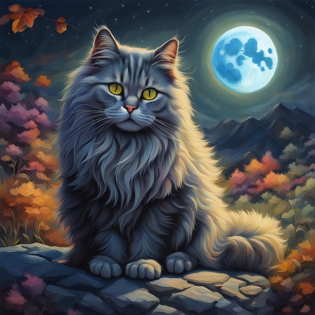 Fluffy Cat in Colorful Moonlight: Hyperrealistic Image
