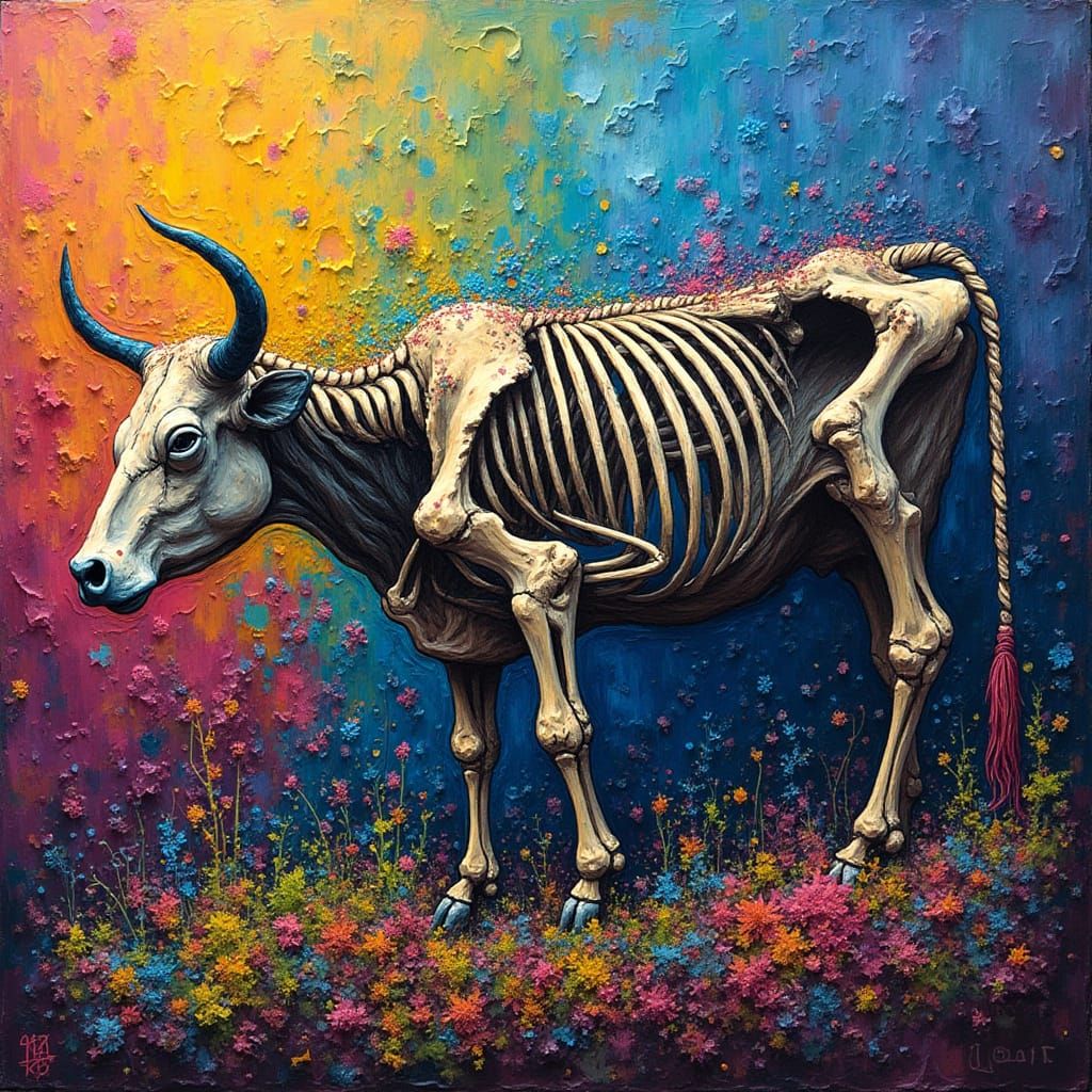 Cow Skeleton Overtaken by Neon Moss in Neo-Impressionist Sty...