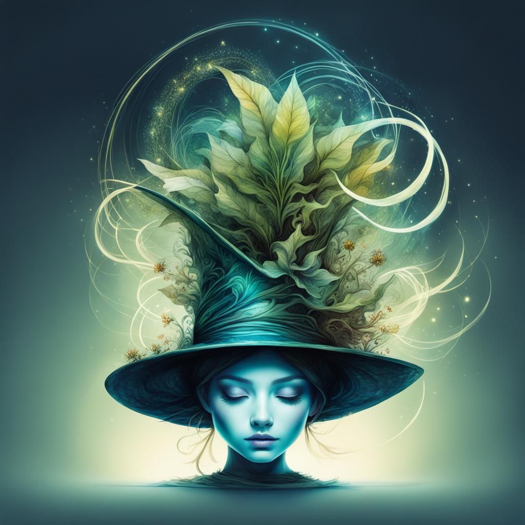 Magical Chibi Plant Wizard Hat Watercolor Illustration