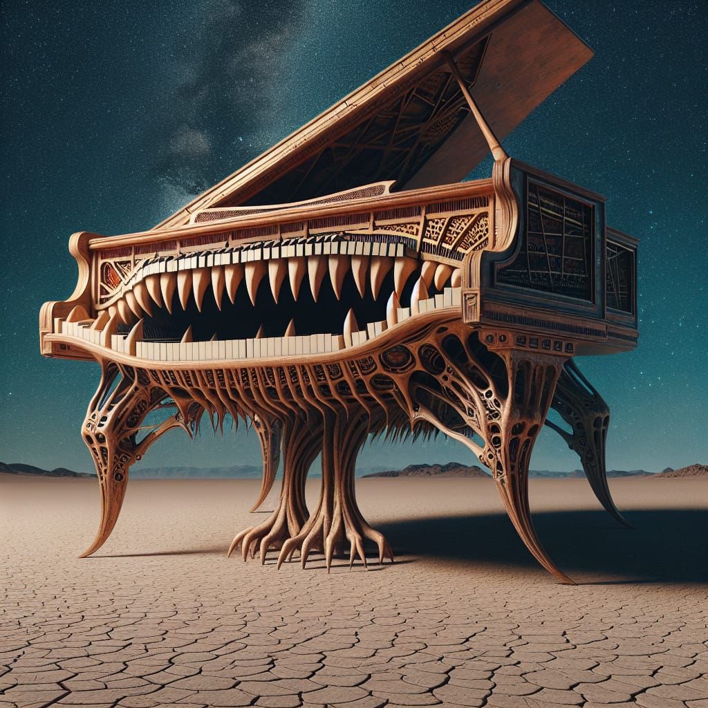 Surreal Piano Creature in Desert Landscape