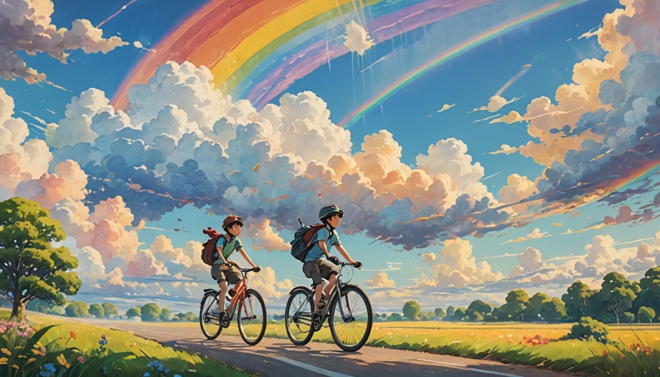 Youth Rides Rainbow Bicycle in Whimsical Pastel Art