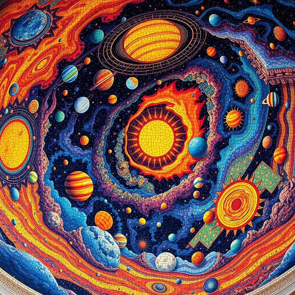 Mosaic of Solar System in Futuristic Art Nouveau Style
