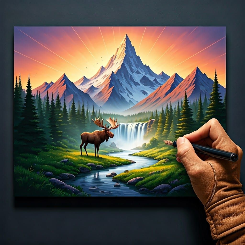 Mountain Landscape Illustration with Moose and Waterfall