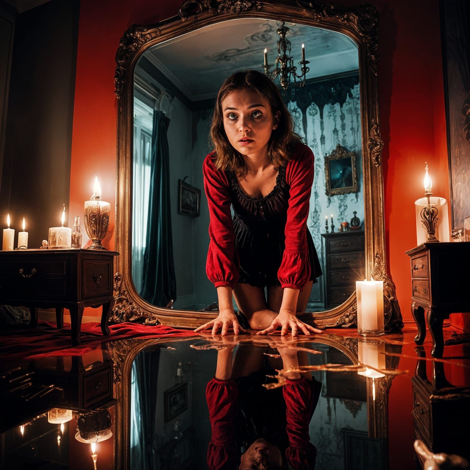 Surreal Upside-Down Bedroom in Dark Mirror Reflection