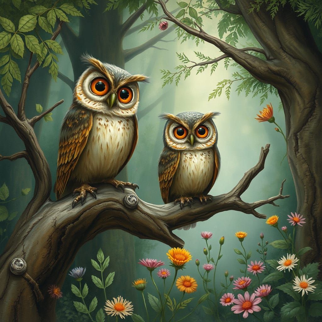 Whimsical Owls in Enchanted Forest