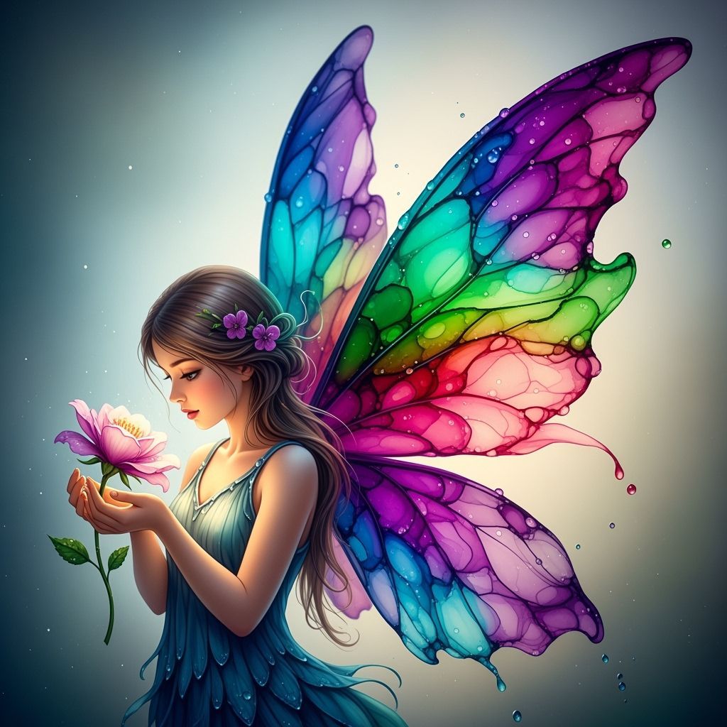 Fairy with Translucent Alcohol Ink Wings and Flower
