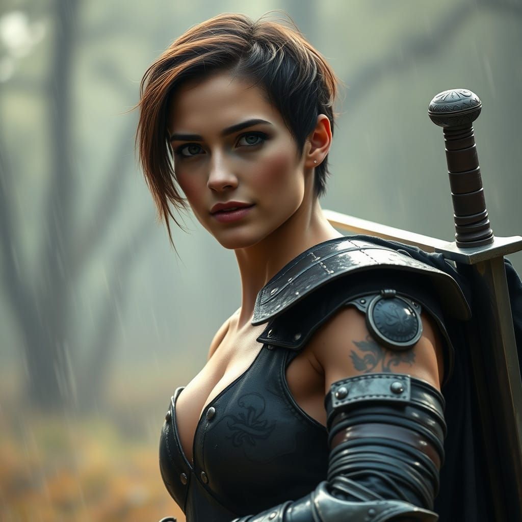 Confident Female Knight in Rainy Clearing