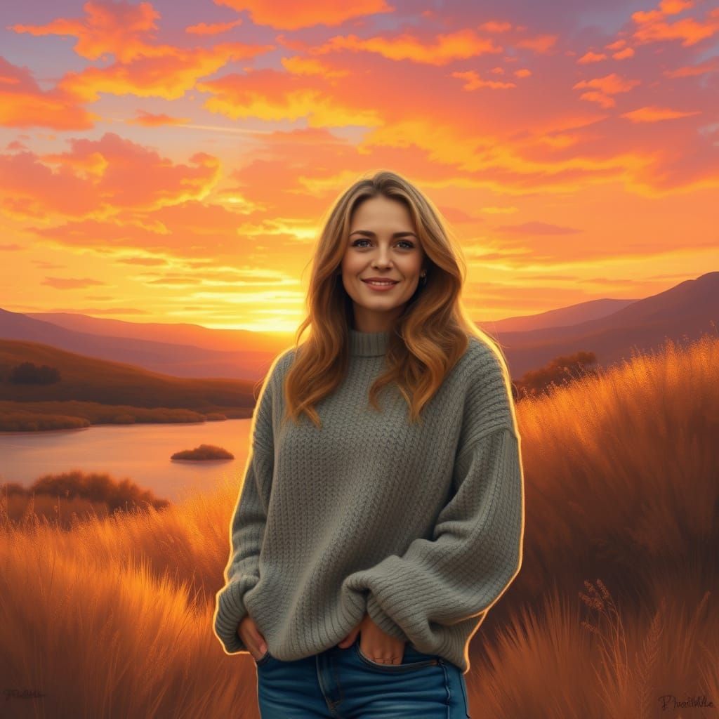 Woman in Sunset Landscape, Realistic Style