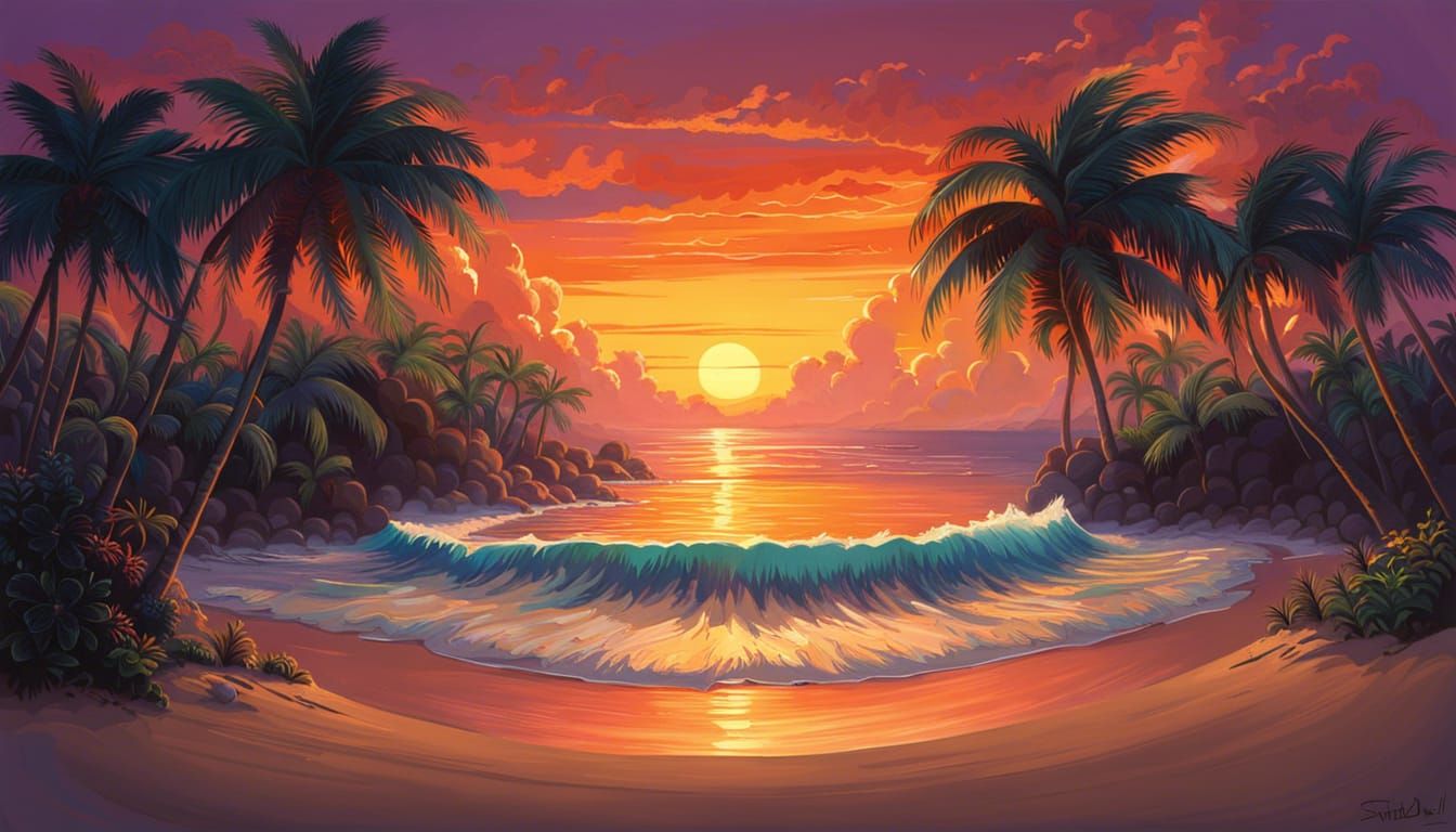 Tropical Island Sunset in Studio Ghibli Style
