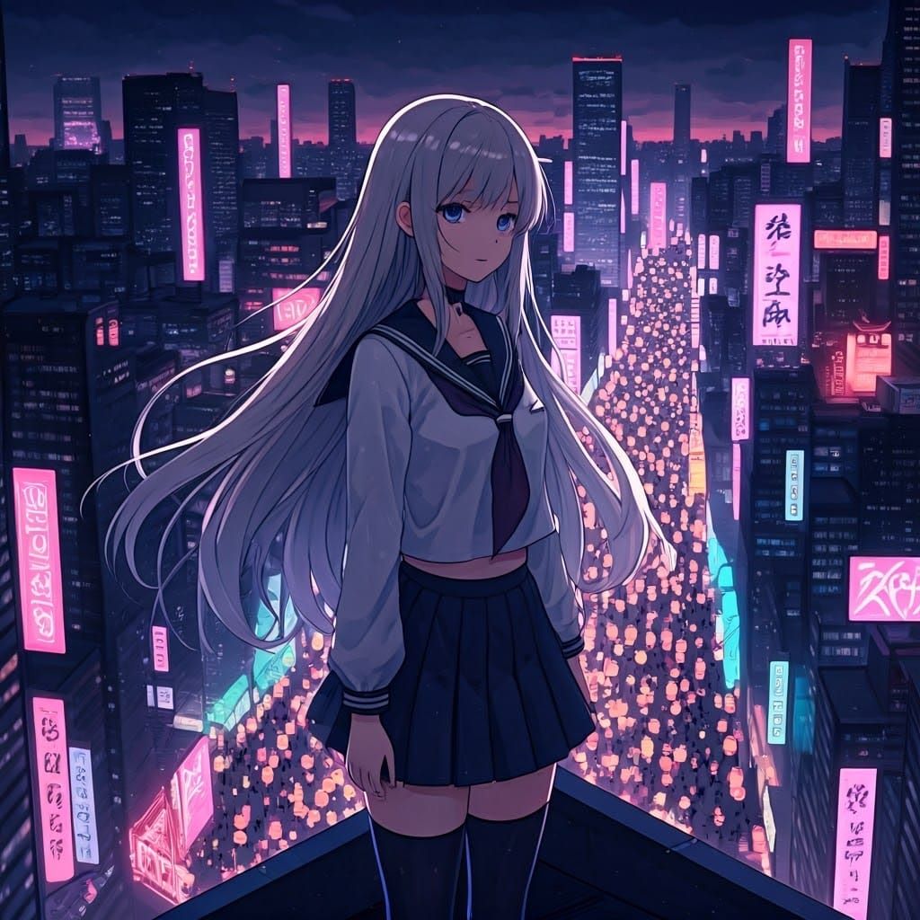 Futuristic Sailor Girl Rules Cyberpunk City