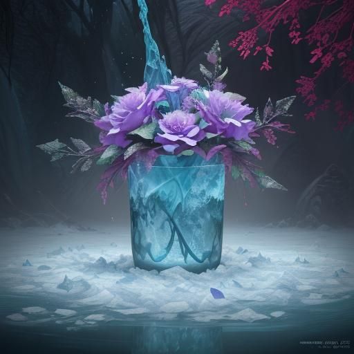 Frozen Flowers and Leaves in Ice, Detailed Matte Painting