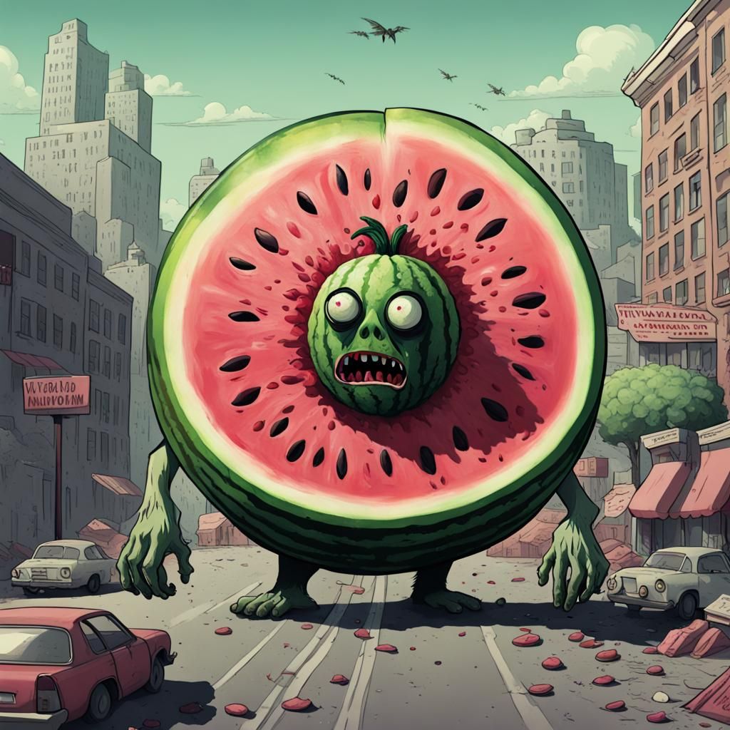 Watermelon Zombie Destroys City: Horror Movie Concept
