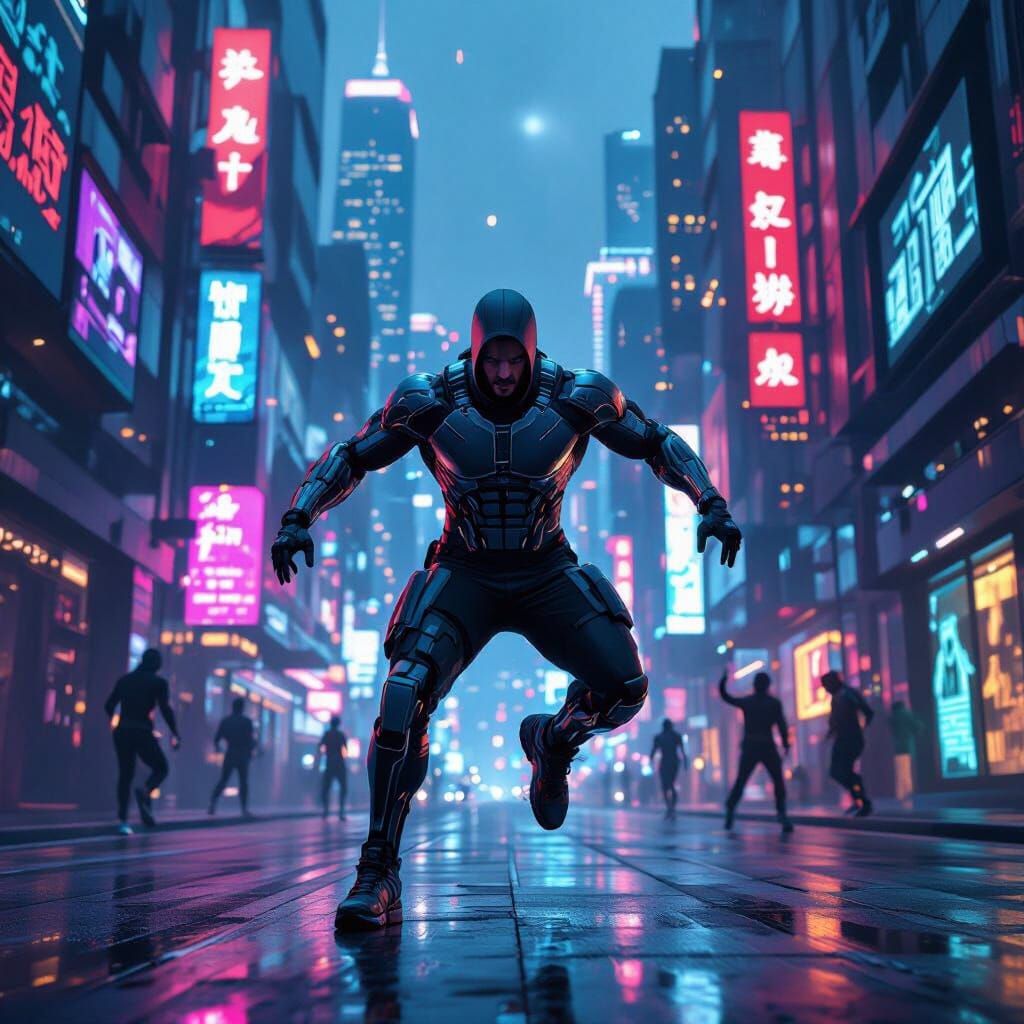 Cyberpunk Parkour Instructor Leads Class Through Neon City