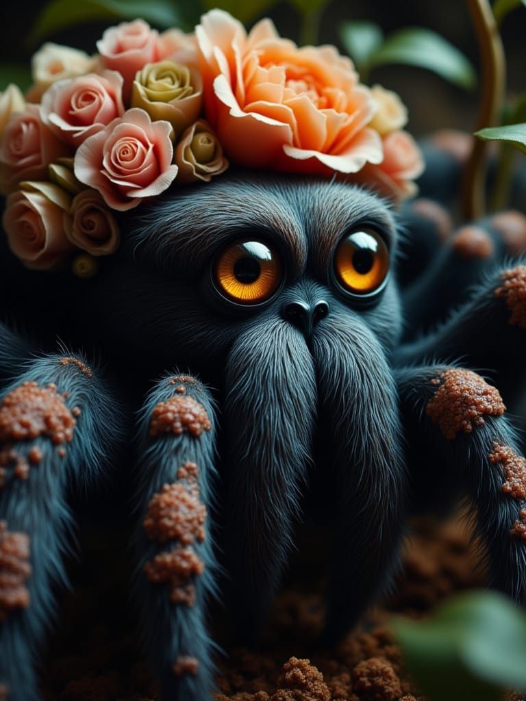 Majestic Tarantula Portrait in Vibrant Floral Crown