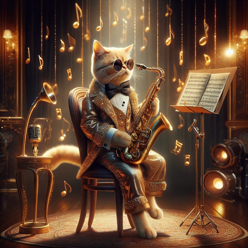 Cat Saxophonist in Gold Tuxedo, Elegant Scene