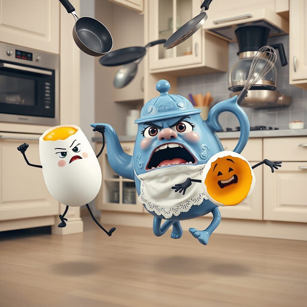 Anthropomorphic Teapot Running From an Egg in Kitchen