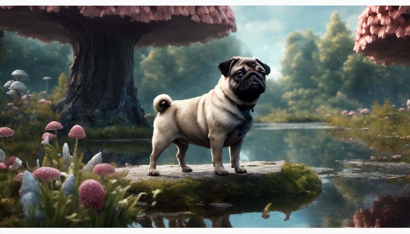 Pug in Fantastical Landscape, Digital Art