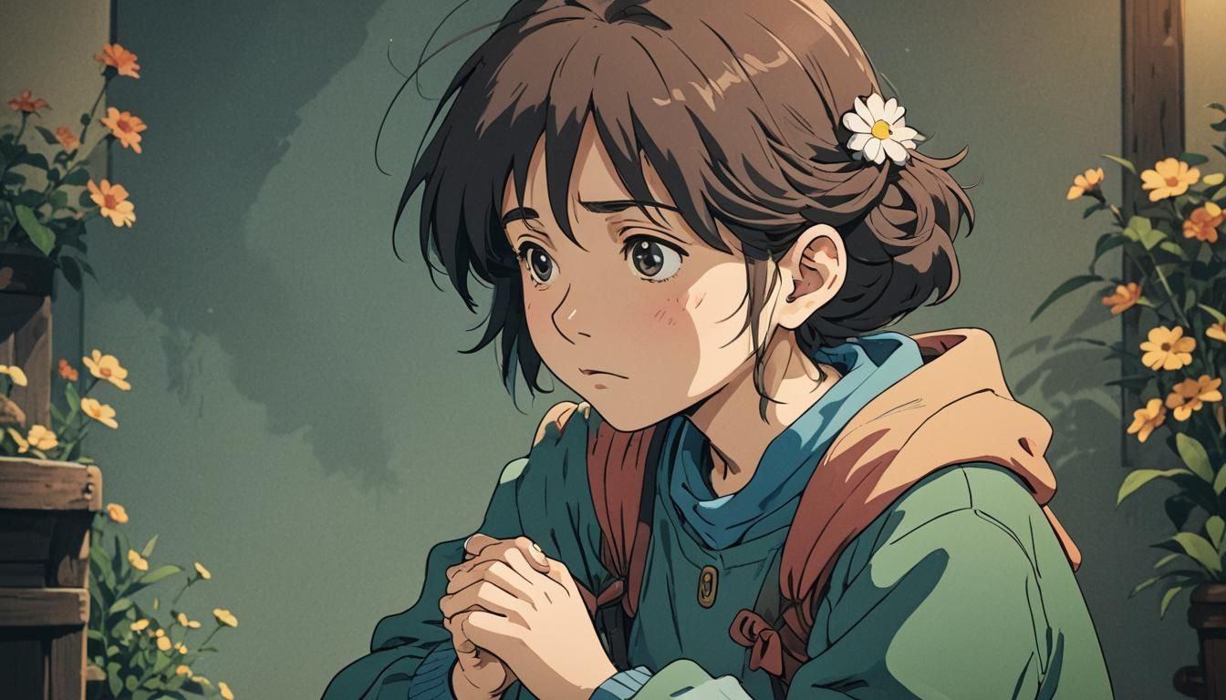 Sad Mother in Cute Ghibli Style Anime