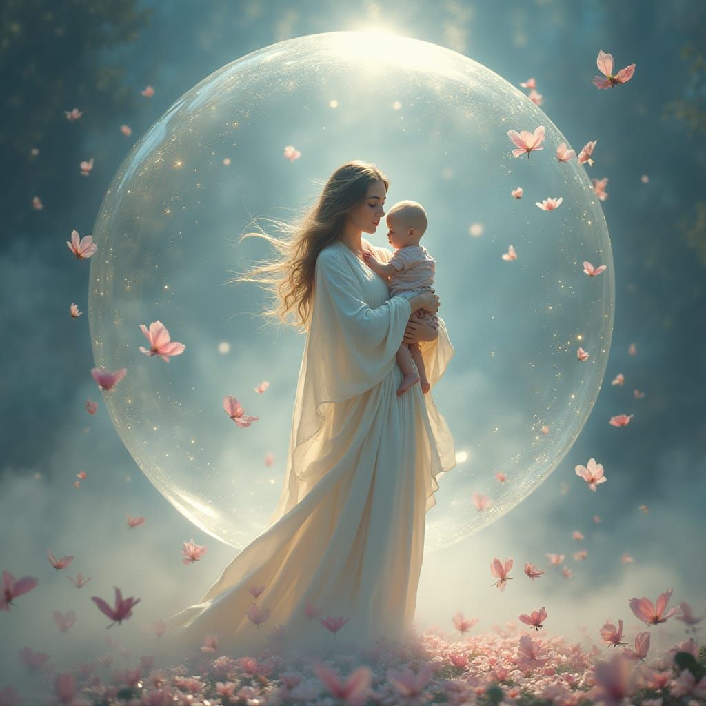 Ethereal Mother and Child in Chrome Sphere