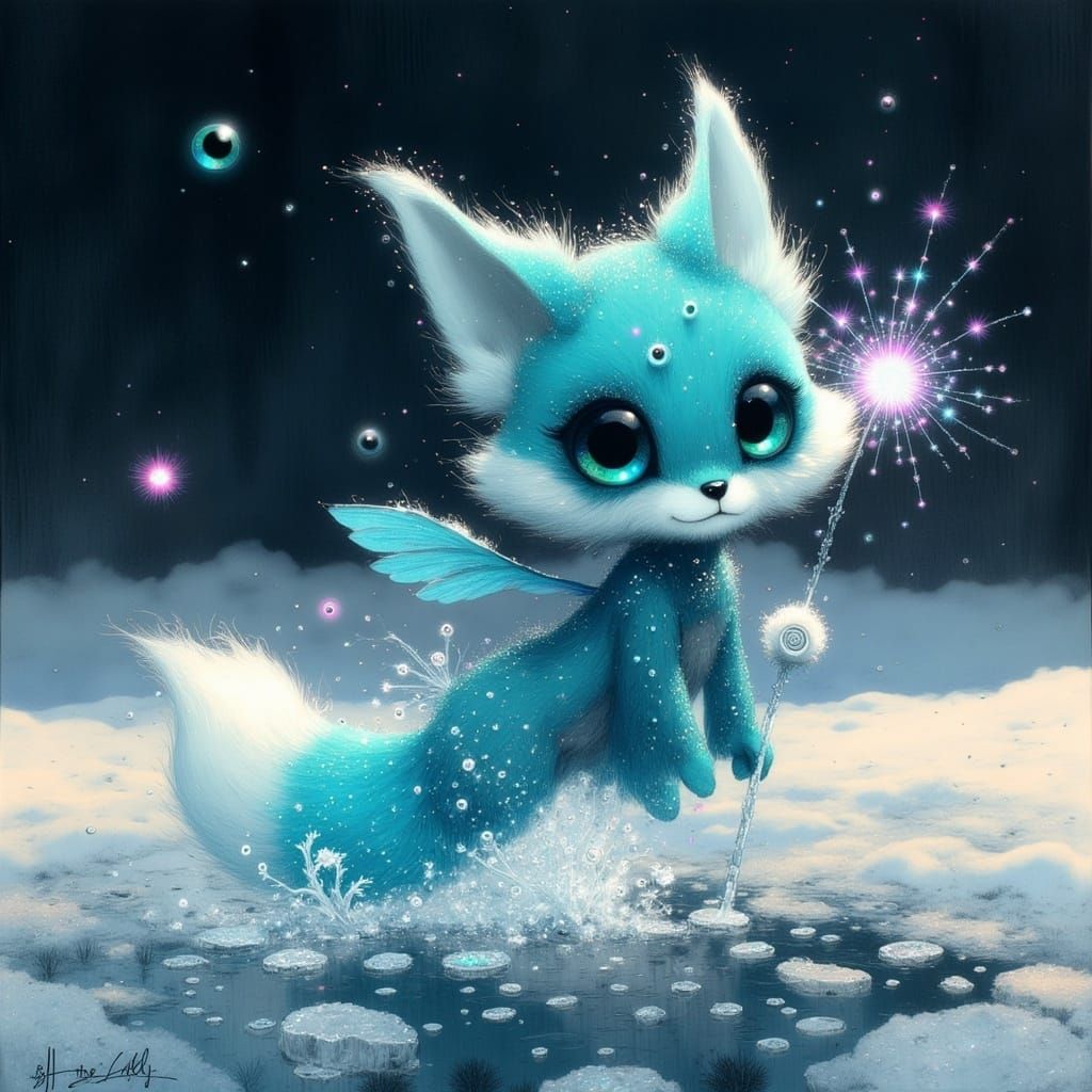 Turquoise Crystal Snow Fox Kit Leaps Out of Icy Pond in Whim...