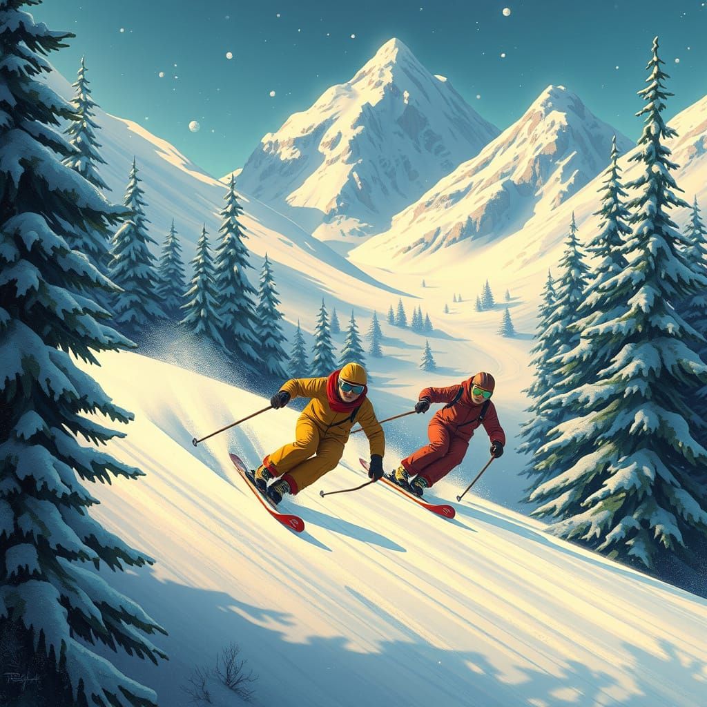 Surreal Winter Sports Scene in Cyberpunk Aesthetic