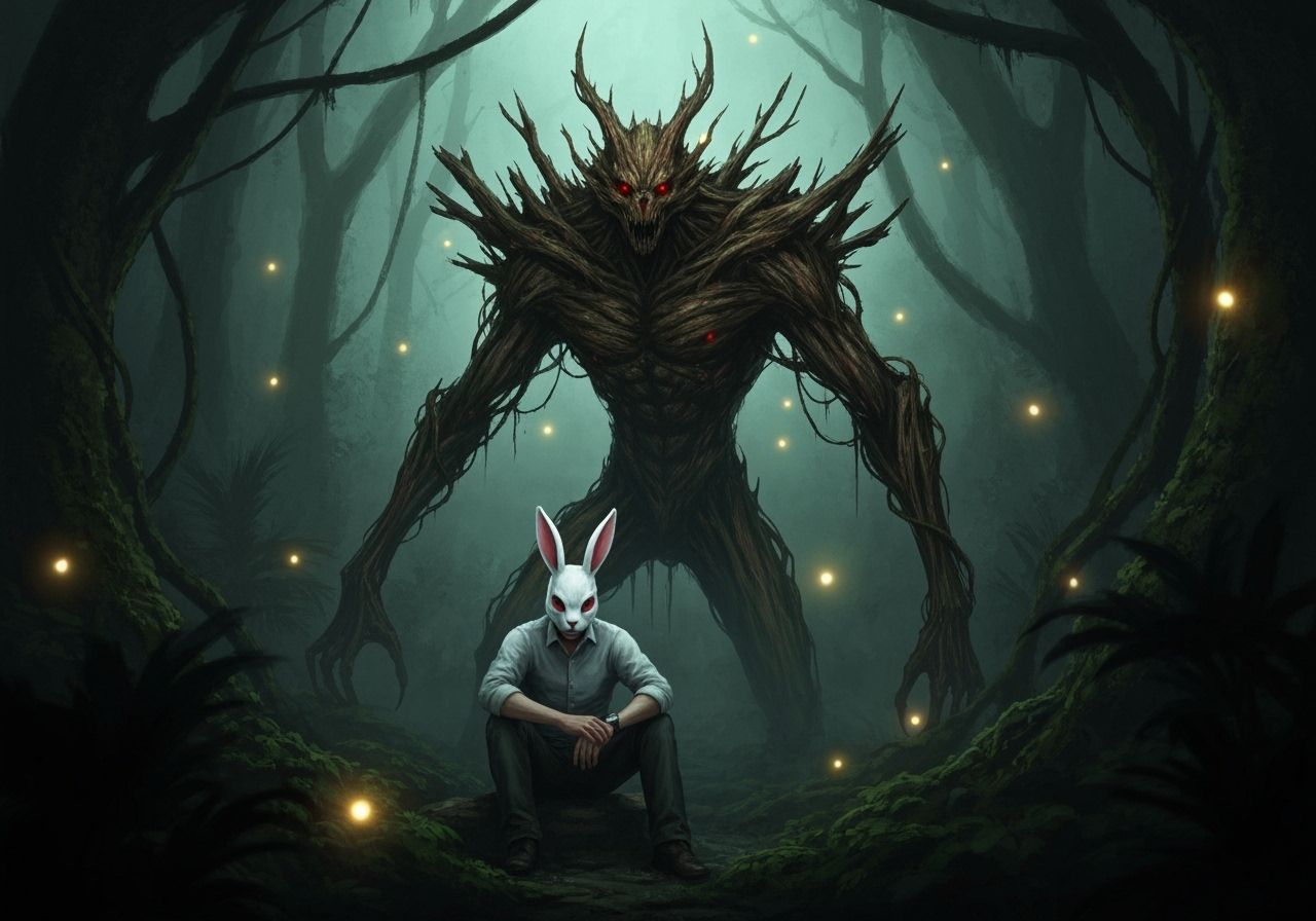 Sinister Rabbit Mask in Dark Jungle, Body Horror Style