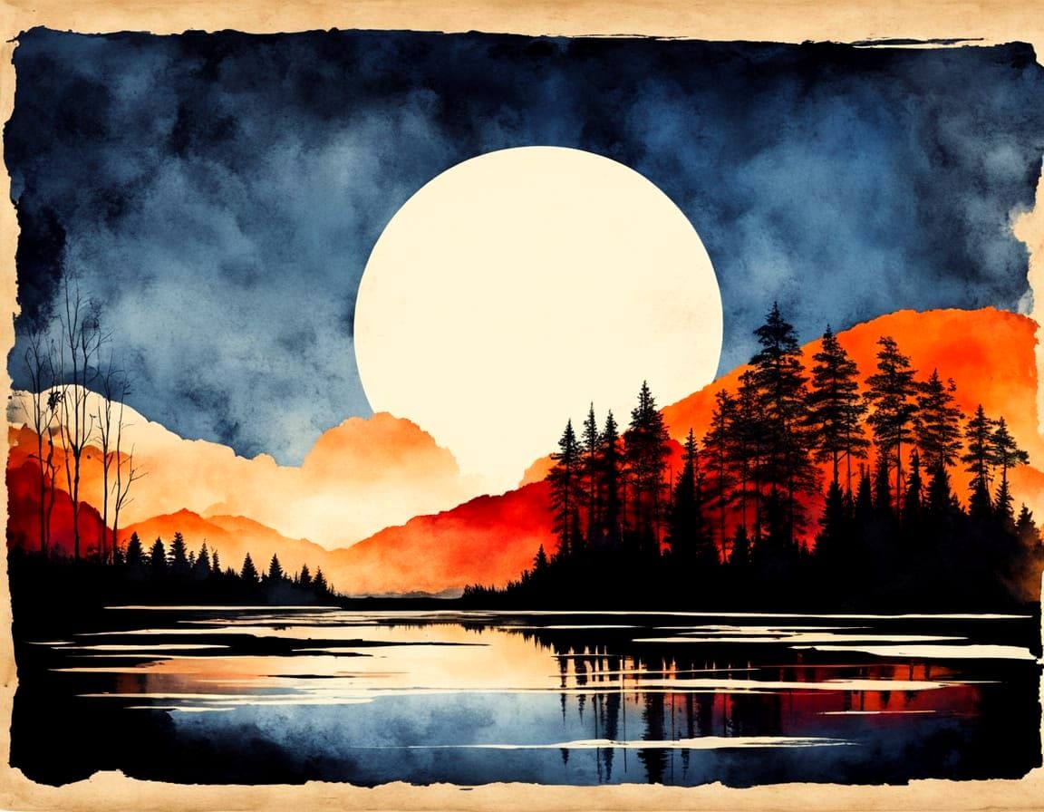 Ink Painting of Forest River with Deep Red Sun